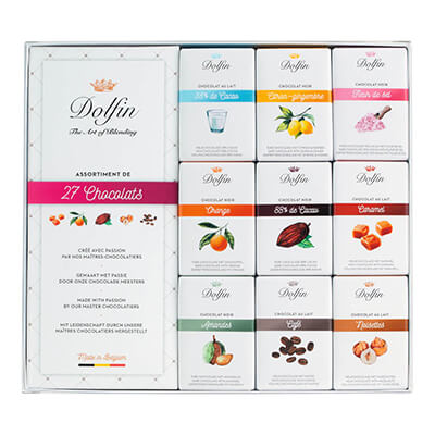 Dolfin Geschenkbox aus 27 Täfelchen verschiedener Schokoladen, 270 g