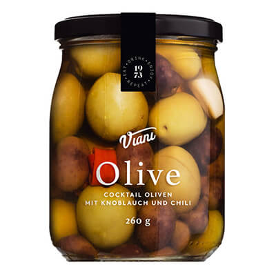 Gemischte Cocktail Oliven mit Knoblauch und Chili, 260 g