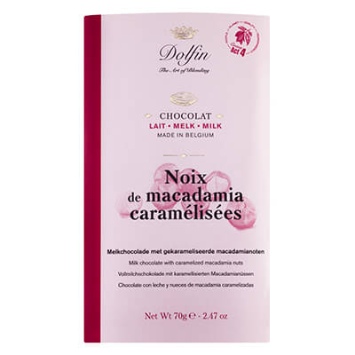 Dolfin Vollmilchschokolade mit karamellisierten Macadamianüssen, 70 g