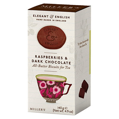 Zur Produktseite von Butterkekse mit Zartbitterschokolade & Himbeere von Miller's, 140 g Butterkekse mit Zartbitterschokolade & Himbeere von Miller's, 140 g
