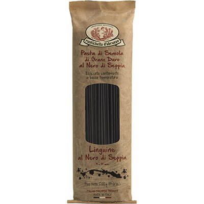 Zur Produktseite von Linguine al Nero di Seppia Hartweizennudeln mit Tintenfisch von Rustichella, 500 g Linguine al Nero di Seppia Hartweizennudeln mit Tintenfisch von Rustichella, 500 g