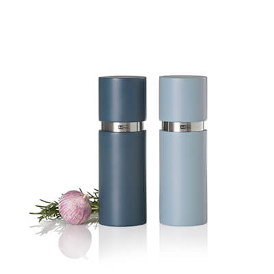 AdHoc Pfeffer- & Salzmühle Set Textura mit CeraCut® Ceramic Mahlwerk aus Buchenholz lackiert & Edelstahl dark blue & light blue, 15 cm