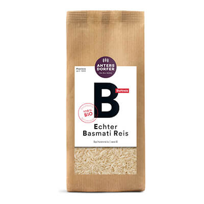 Zur Produktseite von Echter Basmati Reis weiß von Antersdorfer Mühle, 500 g Echter Basmati Reis weiß von Antersdorfer Mühle, 500 g