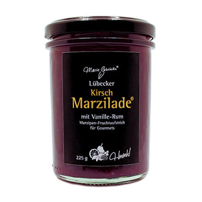 Zur Produktseite von Lübecker Marzilade Kirsch Vanille Rum-Marzipan Fruchtaufstrich für Gourmets, 225 g Lübecker Marzilade Kirsch Vanille Rum-Marzipan Fruchtaufstrich für Gourmets, 225 g