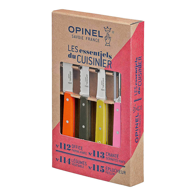 Opinel Primavera Sparschäler- & Messerset 4-teilig, orange, braun, grün & pink