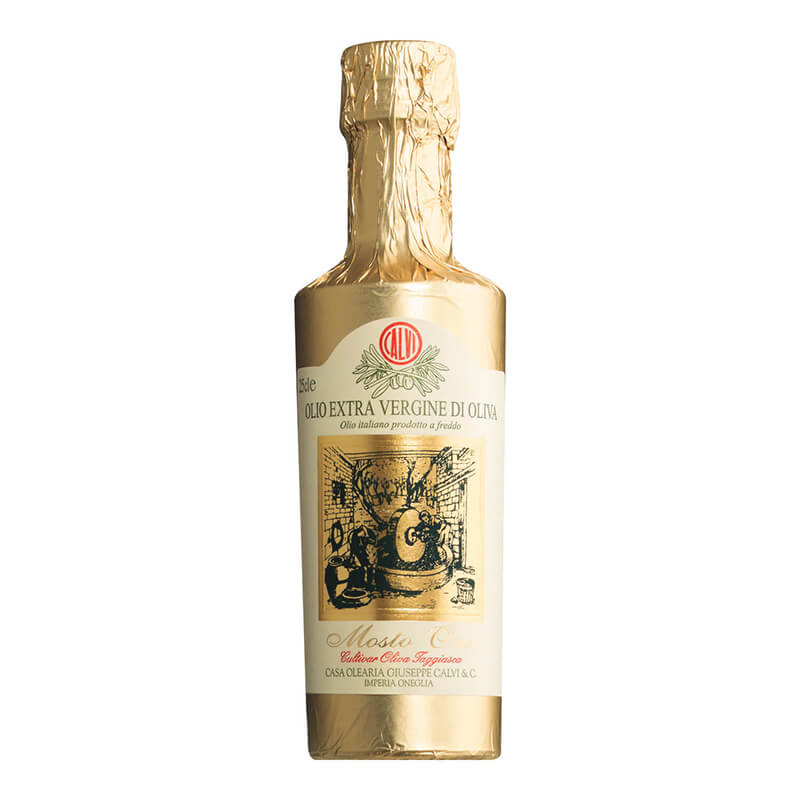 Mosto Oro klassisches, mildes Olivenöl in edlem Gewand von Calvi, 250 ml weitere Ansicht Mosto Oro klassisches, mildes Olivenöl in edlem Gewand von Calvi, 250 ml