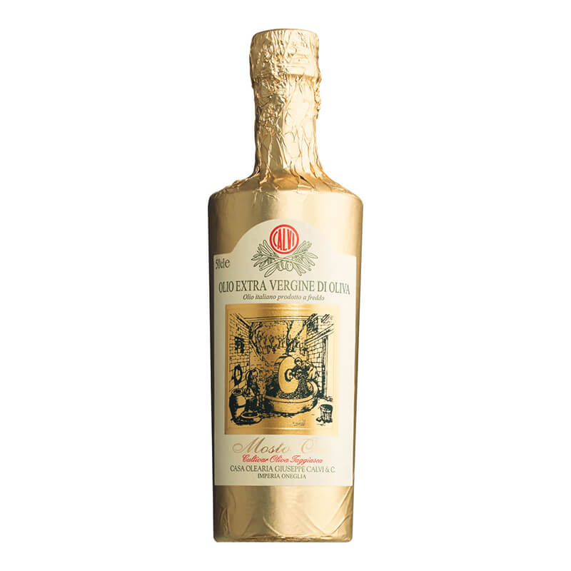 Mosto Oro klassisches, mildes Olivenöl in edlem Gewand von Calvi, 500 ml weitere Ansicht Mosto Oro klassisches, mildes Olivenöl in edlem Gewand von Calvi, 500 ml