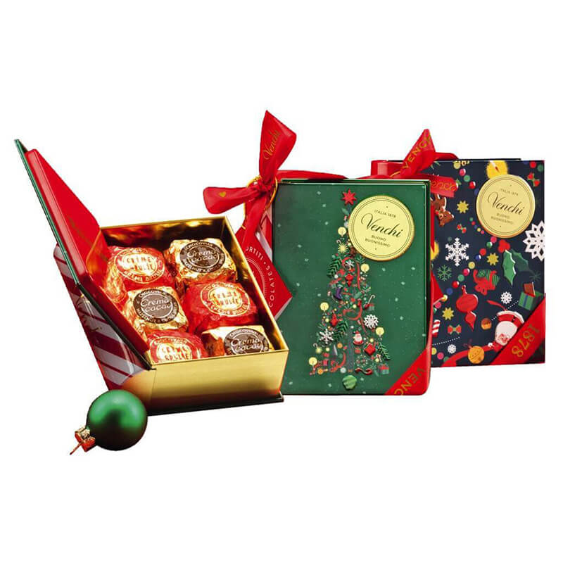 Geschenkbox mit Pralinen im weihnachtlichen Buch-Design von Venchi, 118 g