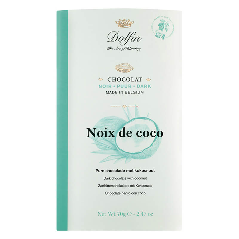 Dolfin Zartbitterschokolade mit Kokosnuss, 70 g weitere Ansicht Dolfin Zartbitterschokolade mit Kokosnuss, 70 g