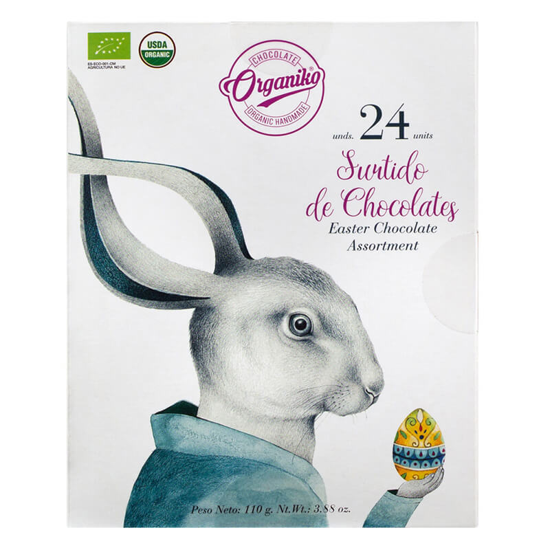 Mini-Schokoladentafeln Bio in Osterhasen Geschenkpackung von Chocolate Orgániko, 110 g weitere Ansicht Mini-Schokoladentafeln Bio in Osterhasen Geschenkpackung von Chocolate Orgániko, 110 g
