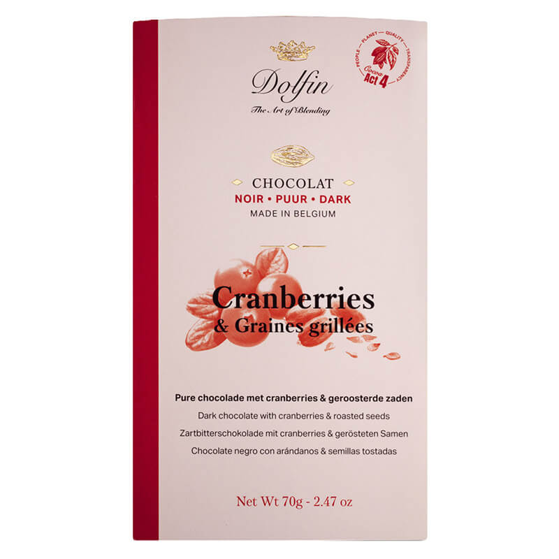 Dolfin Zartbitterschokolade mit Cranberries und gerösteten Samen, 70 g weitere Ansicht Dolfin Zartbitterschokolade mit Cranberries und gerösteten Samen, 70 g
