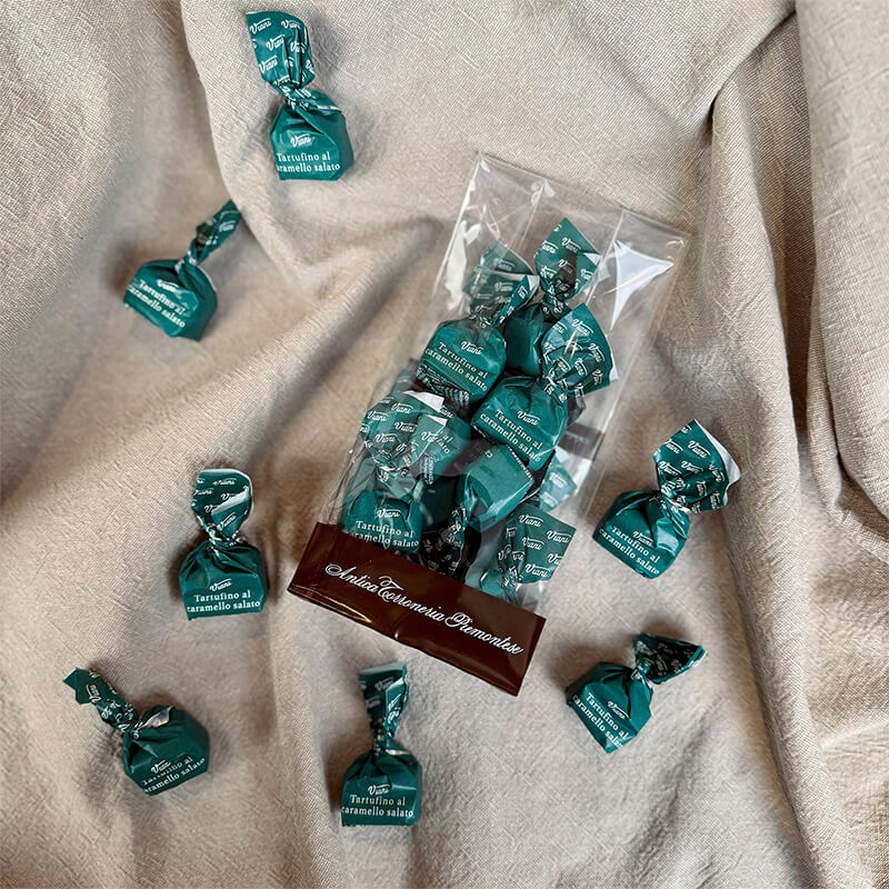 Tartufini dolci caramello salato - weiße Mini Schokoladentrüffel mit gesalzenem Karamell, 100 g
