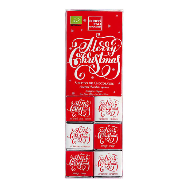 Merry Christmas Minitafeln - Bio Vollmilchschokolade 24 aromatisierte Täfelchen von Chocolate Organiko, 120 g weitere Ansicht Merry Christmas Minitafeln - Bio Vollmilchschokolade 24 aromatisierte Täfelchen von Chocolate Organiko, 120 g
