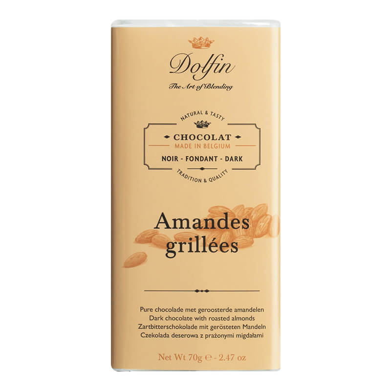 Dolfin Zartbitterschokolade mit gerösteten Mandeln, 70 g weitere Ansicht Dolfin Zartbitterschokolade mit gerösteten Mandeln, 70 g