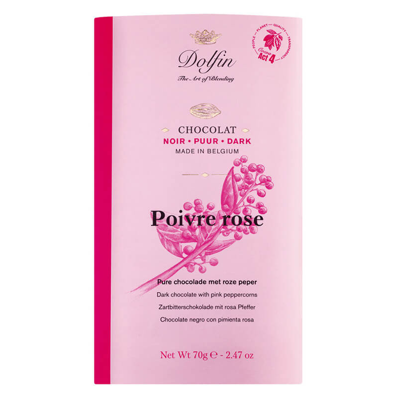 Dolfin Zartbitterschokolade mit rosa Pfeffer, 70 g weitere Ansicht Dolfin Zartbitterschokolade mit rosa Pfeffer, 70 g