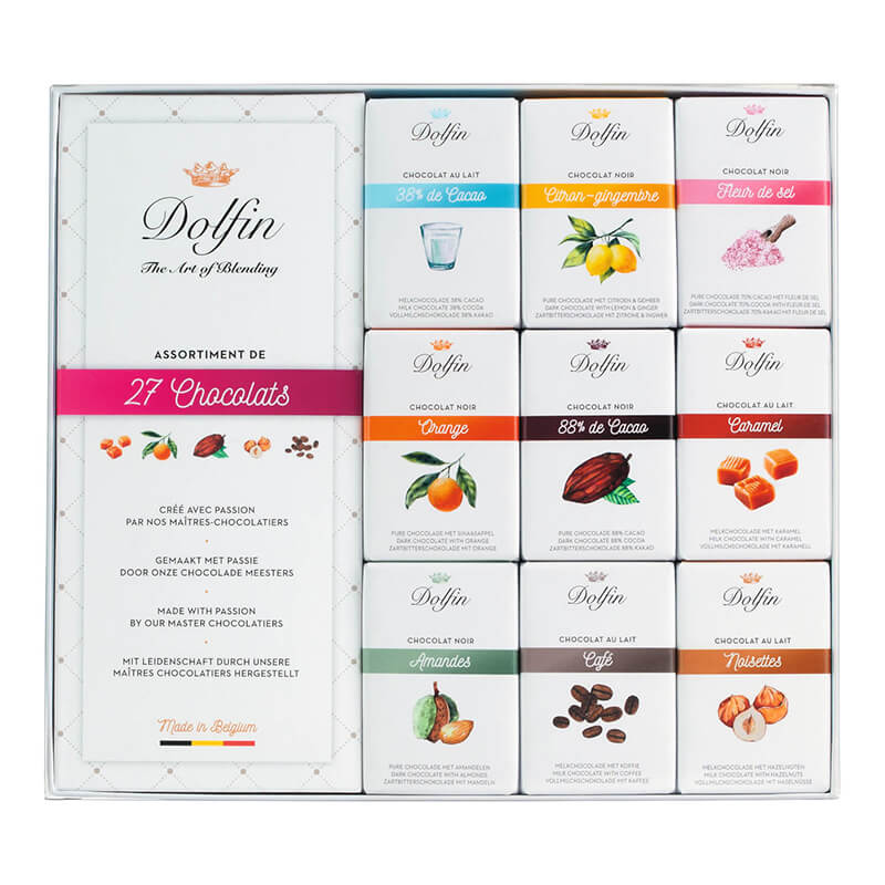Dolfin Geschenkbox aus 27 Täfelchen verschiedener Schokoladen, 270 g weitere Ansicht Dolfin Geschenkbox aus 27 Täfelchen verschiedener Schokoladen, 270 g
