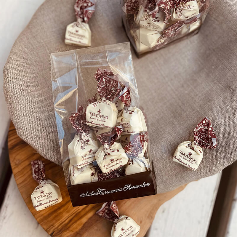 Tartufini dolci bianchi - weiße Mini Schokoladentrüffel von Antica Torroneria Piemontese, 100 g weitere Ansicht Tartufini dolci bianchi - weiße Mini Schokoladentrüffel von Antica Torroneria Piemontese, 100 g