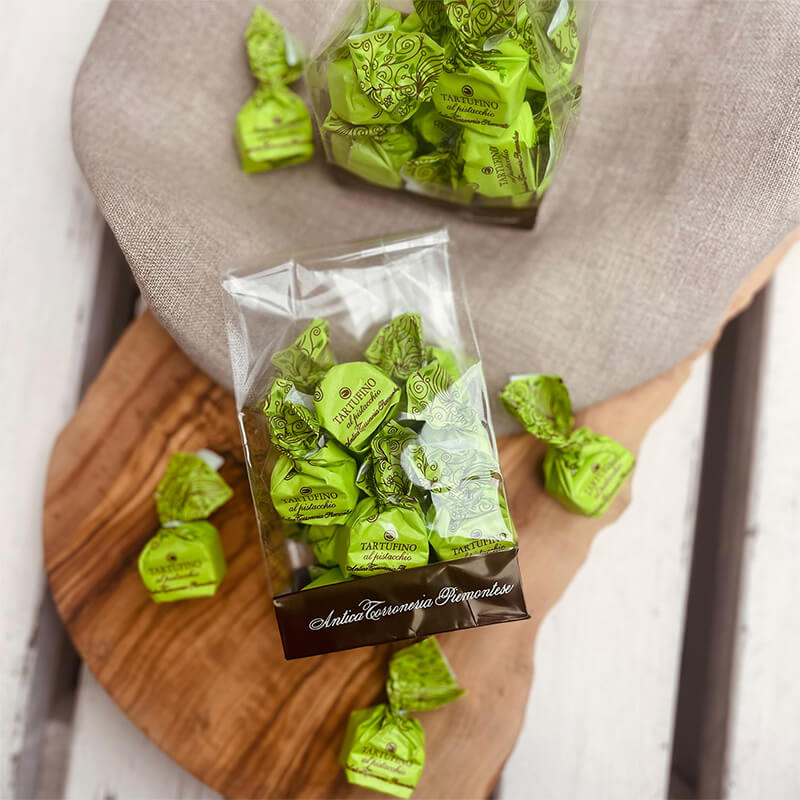 Tartufini dolci al pistacchio - helle Mini Schokoladentrüffel mit Pistazien von Antica Torroneria Piemontese, 100 g weitere Ansicht Tartufini dolci al pistacchio - helle Mini Schokoladentrüffel mit Pistazien von Antica Torroneria Piemontese, 100 g