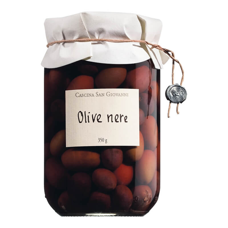 Schwarze Oliven mit Stein in Salzlake von Cascina San Giovanni, 350 g