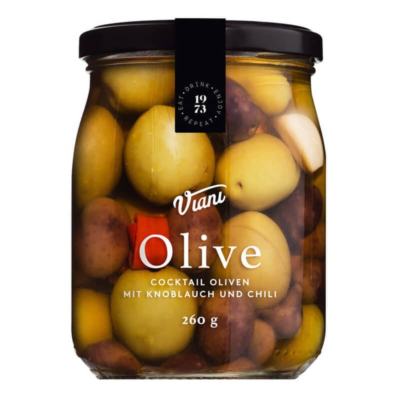 Gemischte Cocktail Oliven mit Knoblauch und Chili, 260 g weitere Ansicht Gemischte Cocktail Oliven mit Knoblauch und Chili, 260 g