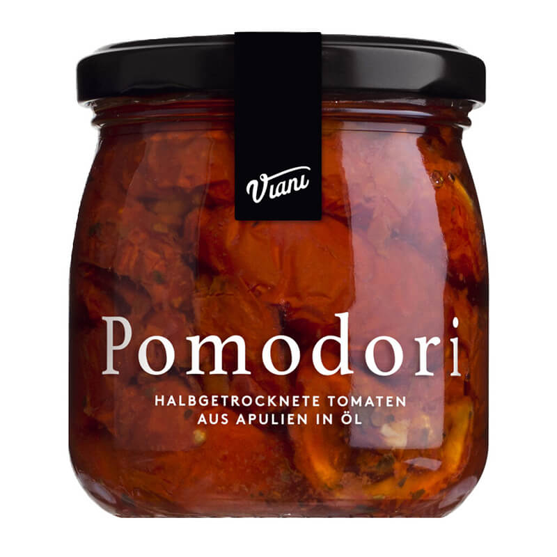 Pomodori - halbgetrocknete Tomaten aus Apulien in Olivenöl mit Kräutern, 180 g
