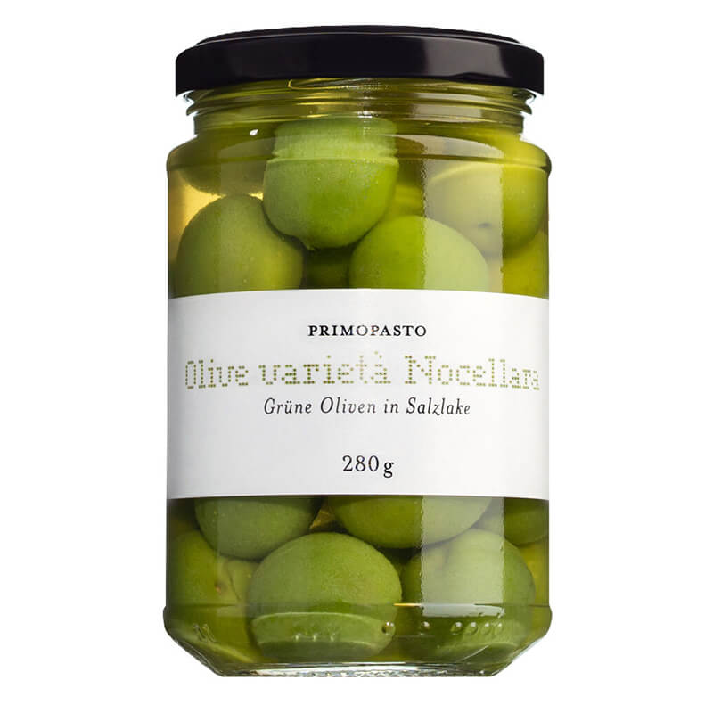 Olive varietà Nocellara - grüne Oliven mit Stein in Salzlake, 280 g weitere Ansicht Olive varietà Nocellara - grüne Oliven mit Stein in Salzlake, 280 g