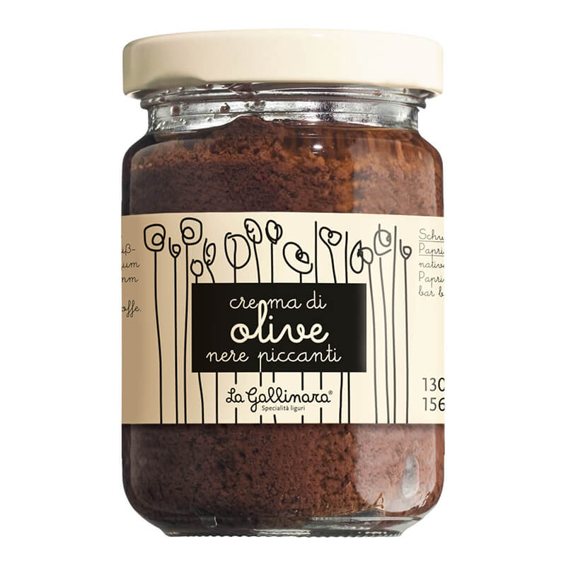 Crema di Olive nere e Chili - Schwarze Oliven-Creme mit Peperoni von La Gallinara, 130 g weitere Ansicht Crema di Olive nere e Chili - Schwarze Oliven-Creme mit Peperoni von La Gallinara, 130 g