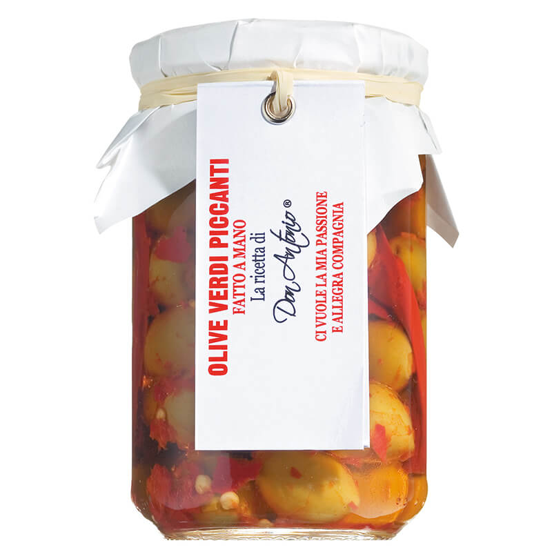 Olive verdi piccanti - grüne Oliven mit Stein, eingelegt in Olivenöl mit Chili, 280 g weitere Ansicht Olive verdi piccanti - grüne Oliven mit Stein, eingelegt in Olivenöl mit Chili, 280 g