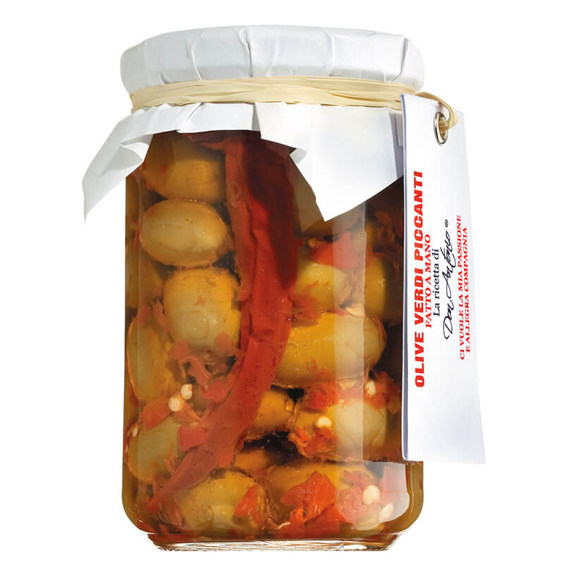Olive verdi piccanti - grüne Oliven mit Stein, eingelegt in Olivenöl mit Chili, 280 g weitere Ansicht Olive verdi piccanti - grüne Oliven mit Stein, eingelegt in Olivenöl mit Chili, 280 g