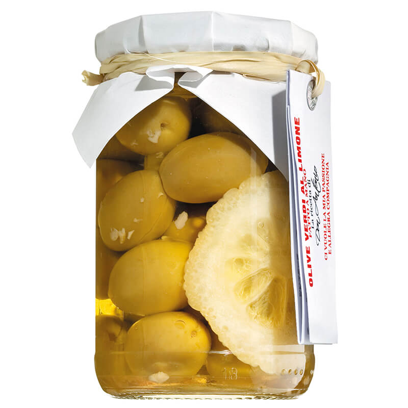 Olive verdi al limone - grüne Oliven mit Stein, eingelegt in Olivenöl mit Zitrone, 280 g weitere Ansicht Olive verdi al limone - grüne Oliven mit Stein, eingelegt in Olivenöl mit Zitrone, 280 g