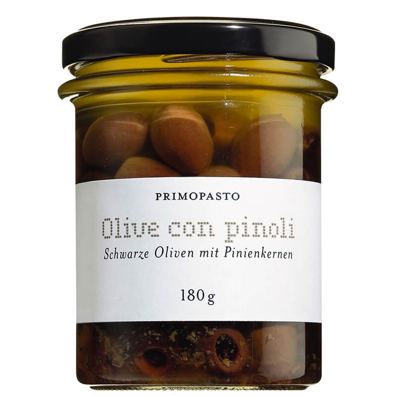 Olive con pinoli - schwarze Oliven mit Pinienkernen, 180 g