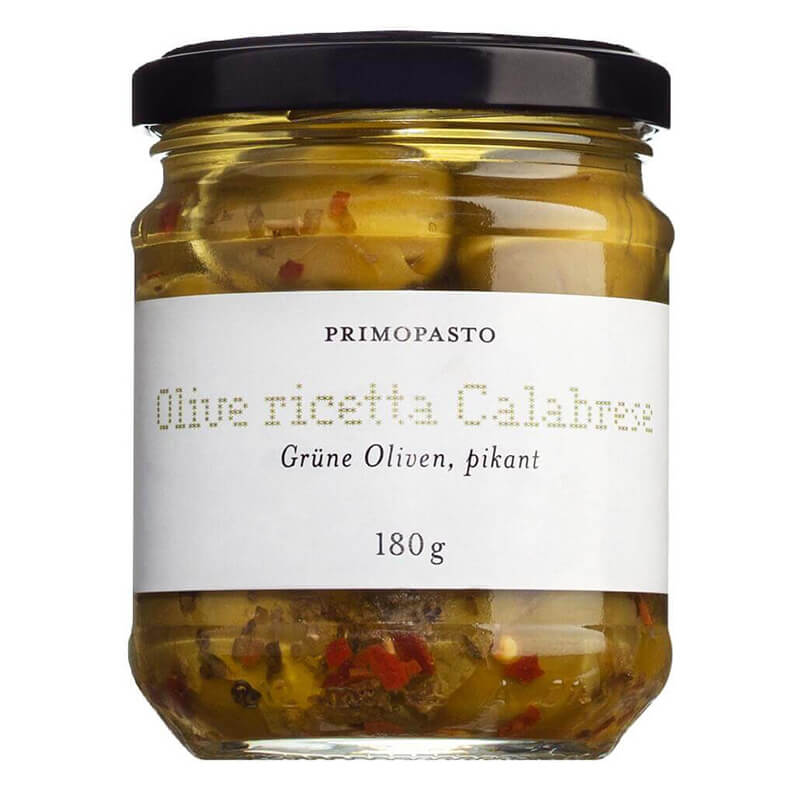 Olive ricetta Calabrese - grüne Oliven pikant mit Chili eingelegt, 180 g weitere Ansicht Olive ricetta Calabrese - grüne Oliven pikant mit Chili eingelegt, 180 g