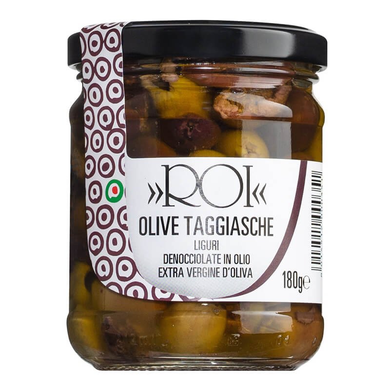 Olio Roi Taggiasca Oliven entkernt in nativem Olivenöl extra, 180 g weitere Ansicht Olio Roi Taggiasca Oliven entkernt in nativem Olivenöl extra, 180 g