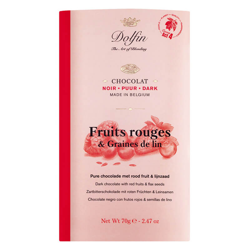 Dolfin Zartbitterschokolade mit roten Beeren & Leinsamen, 70 g