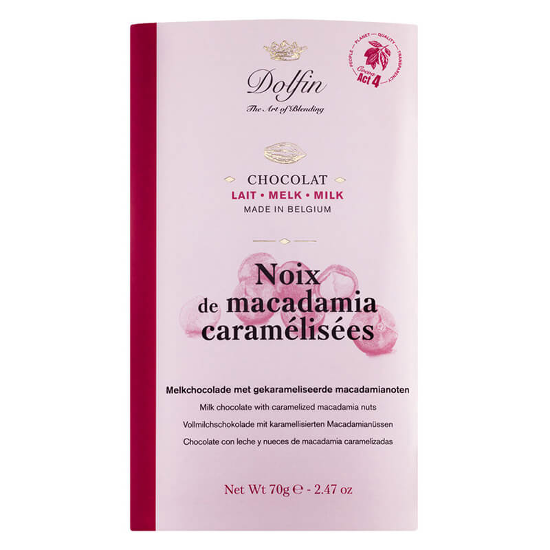 Dolfin Vollmilchschokolade mit karamellisierten Macadamianüssen, 70 g weitere Ansicht Dolfin Vollmilchschokolade mit karamellisierten Macadamianüssen, 70 g