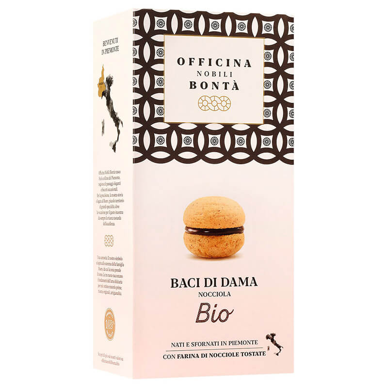 Baci di Dama alla nocciola Haselnussgebäck mit Schokoladenfüllung Bio von Officina Nobili Bontà, 180 g weitere Ansicht Baci di Dama alla nocciola Haselnussgebäck mit Schokoladenfüllung Bio von Officina Nobili Bontà, 180 g