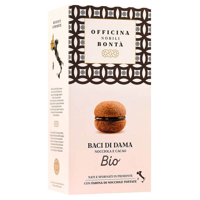 Baci di Dama nocciola e cacao Haselnussgebäck mit Kakao & Schokoladenfüllung Bio von Officina Nobili Bontà, 180 g weitere Ansicht Baci di Dama nocciola e cacao Haselnussgebäck mit Kakao & Schokoladenfüllung Bio von Officina Nobili Bontà, 180 g