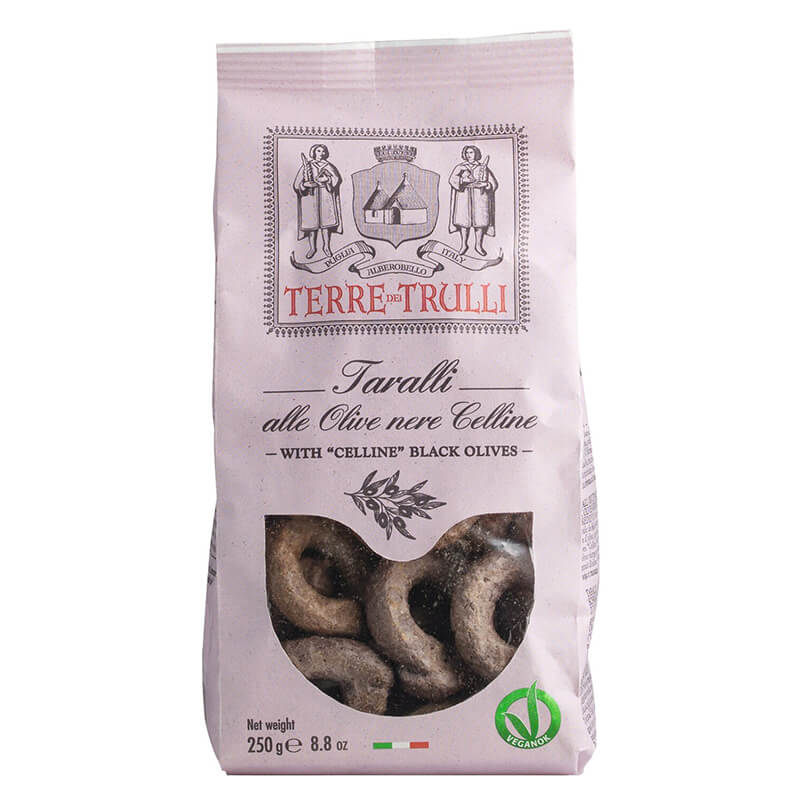 Taralli alle Olive nere Celline, Salzgebäck mit schwarzen Celline-Oliven von Terre dei Trulli, 250 g weitere Ansicht Taralli alle Olive nere Celline, Salzgebäck mit schwarzen Celline-Oliven von Terre dei Trulli, 250 g