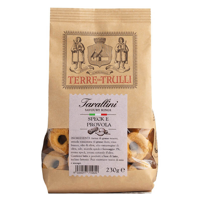 Tarallini Speck e Provola, Salzgebäck mit Speck und Käse von Terre dei Trulli, 230 g weitere Ansicht Tarallini Speck e Provola, Salzgebäck mit Speck und Käse von Terre dei Trulli, 230 g