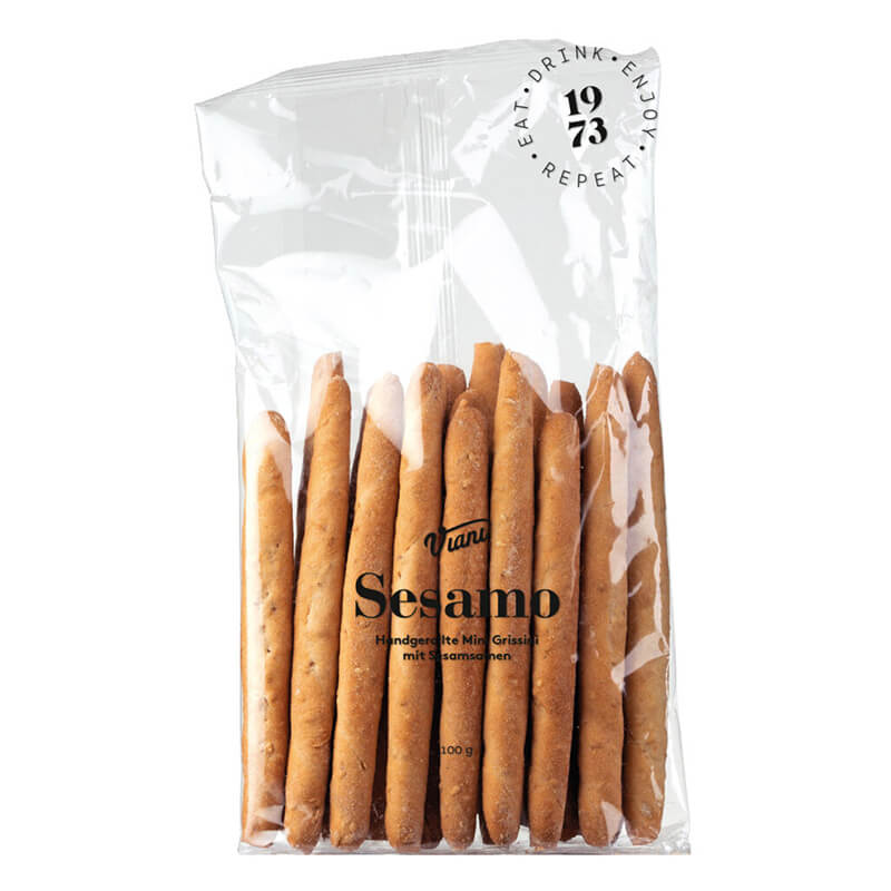 Grissini mini al sesamo - handgerollte mini Grissini mit Sesam, 100 g weitere Ansicht Grissini mini al sesamo - handgerollte mini Grissini mit Sesam, 100 g