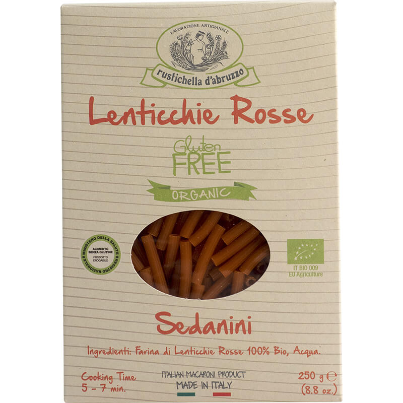 Bio Sedanini di Lenticchie Rosse glutenfrei Nudeln aus roten Linsen von Rustichella, 250 g weitere Ansicht Bio Sedanini di Lenticchie Rosse glutenfrei Nudeln aus roten Linsen von Rustichella, 250 g