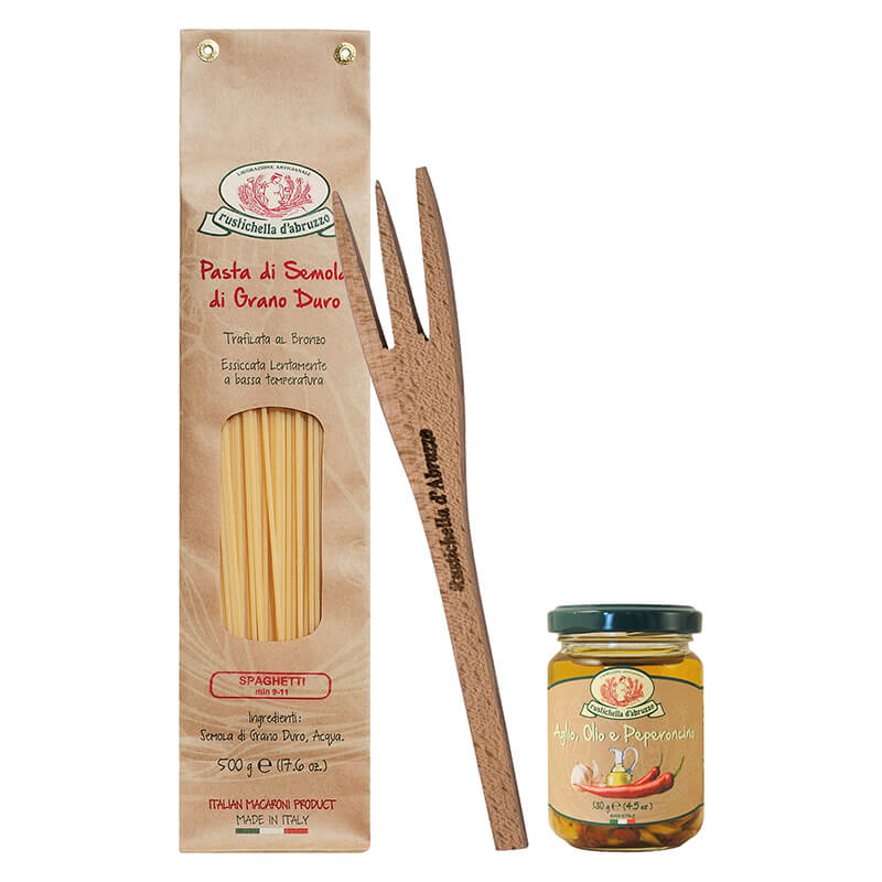 Pasta Set mit Sugo Aglio Olio in der Motivdose zum World Pasta Day von Rustichella, 500 g + 130 g