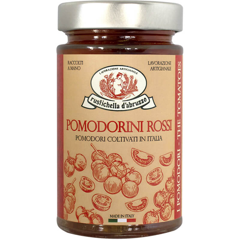 Pomodori Rossi Ciliegoino in Acqua - rote Kirschtomaten in Wasser von Rustichella, 550 g weitere Ansicht Pomodori Rossi Ciliegoino in Acqua - rote Kirschtomaten in Wasser von Rustichella, 550 g
