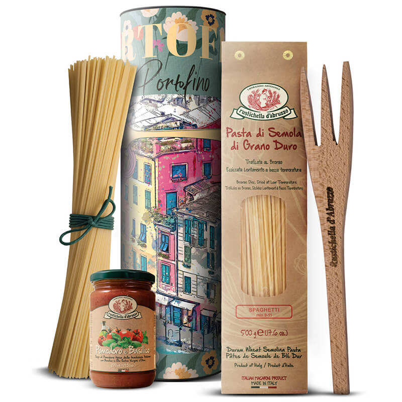 Pasta Set mit Sugo Pomodoro e Basilico in der Motivdose zum World Pasta Day von Rustichella, 500 g + 270 g weitere Ansicht Pasta Set mit Sugo Pomodoro e Basilico in der Motivdose zum World Pasta Day von Rustichella, 500 g + 270 g