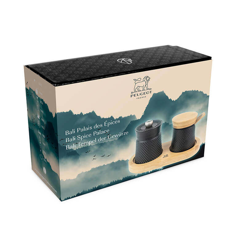 Peugeot Bali Pfeffermühle & Salzschälchen aus Gusseisen mit Holzdeckel & Löffel aus als Geschenkbox weitere Ansicht Peugeot Bali Pfeffermühle & Salzschälchen aus Gusseisen mit Holzdeckel & Löffel aus als Geschenkbox