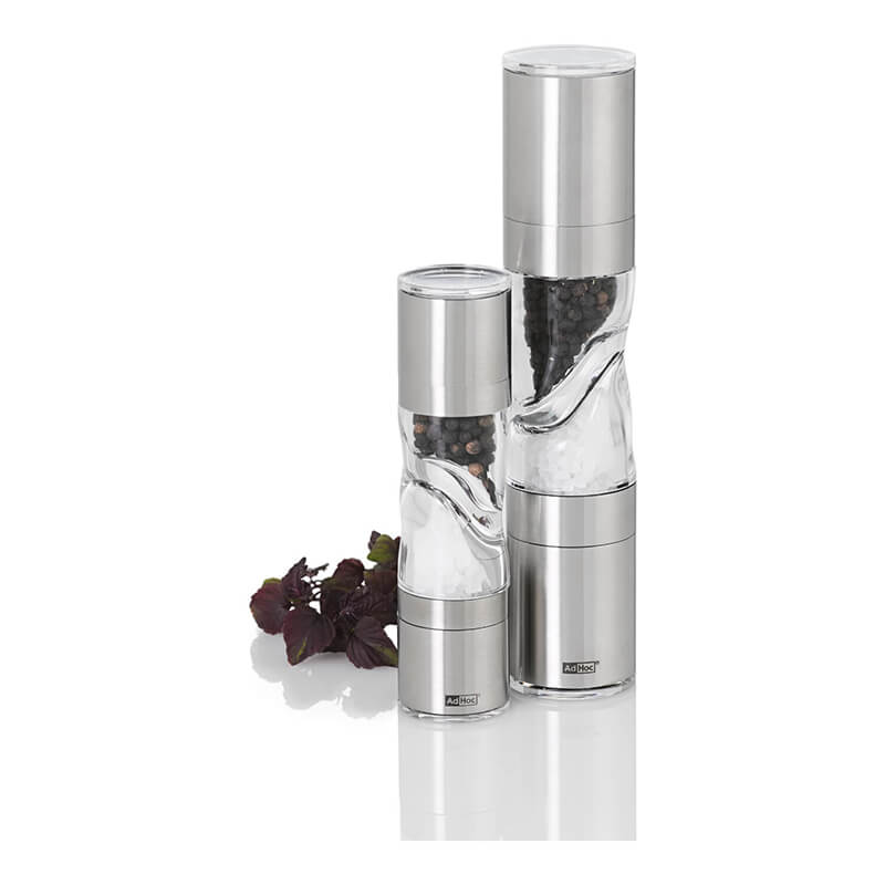 AdHoc Doppelmühle Duomill Pure mini für Pfeffer & Salz mit Ceramic Mahlwerke CeraCut® aus Edelstahl / Acryl, 15 cm