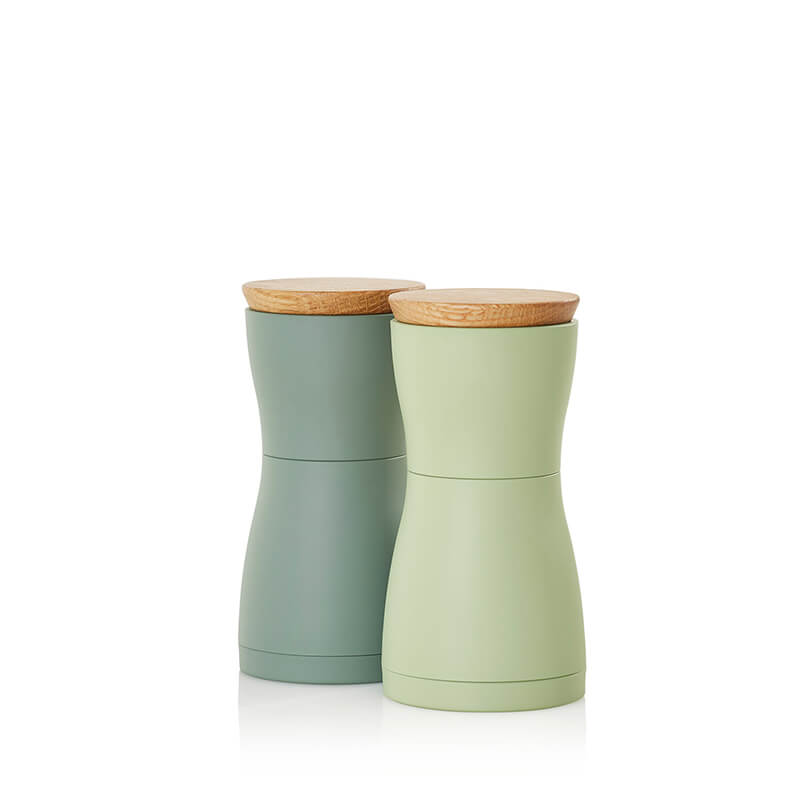 AdHoc Pfeffer- & Salzmühle Set Twin mit CeraCut® Ceramic Mahlwerk aus Eichenholz & Kunststoff dark green & light green, 13,3 cm