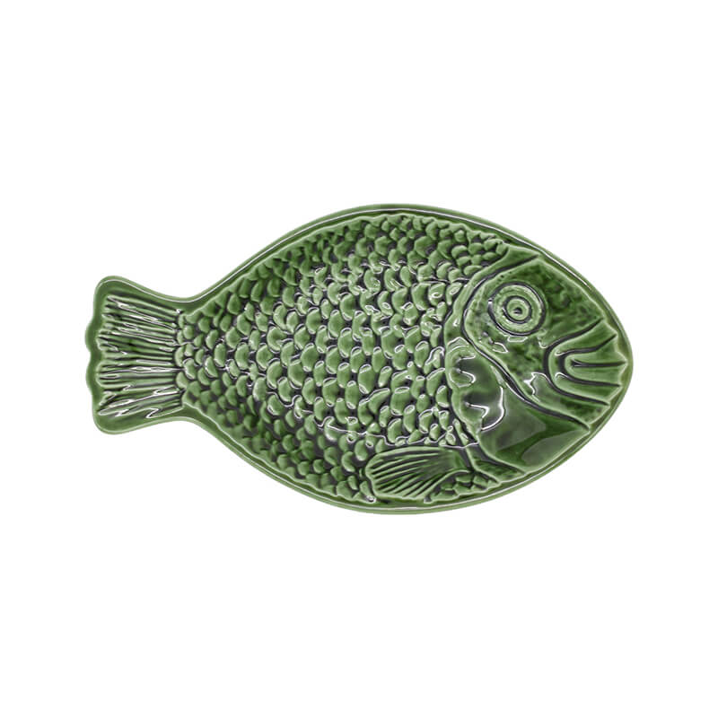 Fischplatte Olivgrün aus Keramik, klein - 3 x 13,5 x 23,5 cm von Vista Portuguese