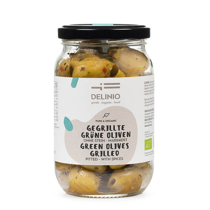 Gegrillte grüne Bio Oliven ohne Stein - mariniert von DELINIO, 180 g weitere Ansicht Gegrillte grüne Bio Oliven ohne Stein - mariniert von DELINIO, 180 g