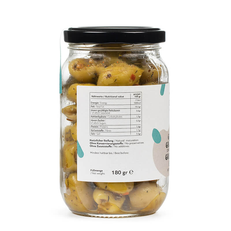 Gegrillte grüne Bio Oliven ohne Stein - mariniert von DELINIO, 180 g weitere Ansicht Gegrillte grüne Bio Oliven ohne Stein - mariniert von DELINIO, 180 g